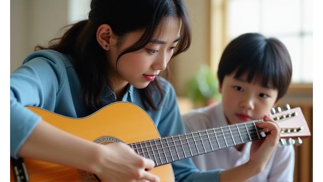 멜로디 마인드 선생님이 교육 소외 아동에게 기타를 가르치는 모습